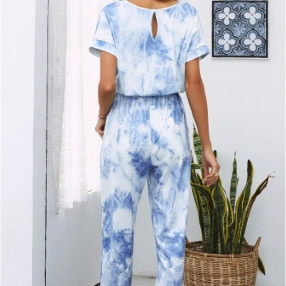 Blue Pocketed Tie Dye Knit Jumpsuit. NWT. - Picture 3 of 16